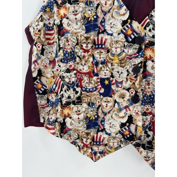 Castle Rock Vintage Vest Womens Large Cats USA American Flag Satin Button Retro - Picture 2 of 15